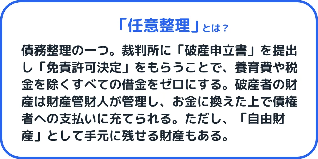 自己破産とは、債務整理の一つ。裁判所に「破産申立書」を提出し「免責許可決定」をもらうことで、養育費や税金を除くすべての借金をゼロにします。破産者の財産は財産管財人が管理し、お金に換えた上で債権者への支払いに充てられます。ただし、「自由財産」として手元に残せる財産もあります。