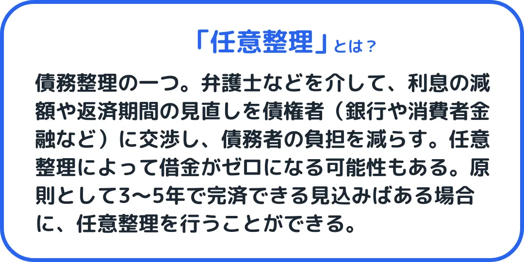 任意整理とは、債務整理の一つ。弁護士などを介して、利息の減額や返済期間の見直しを債権者（銀行や消費者金融など）に交渉し、債務者の負担を減らす。任意整理によって借金がゼロになる可能性もあります。原則として3〜5年で完済できる見込みばある場合に、任意整理を行うことができます。